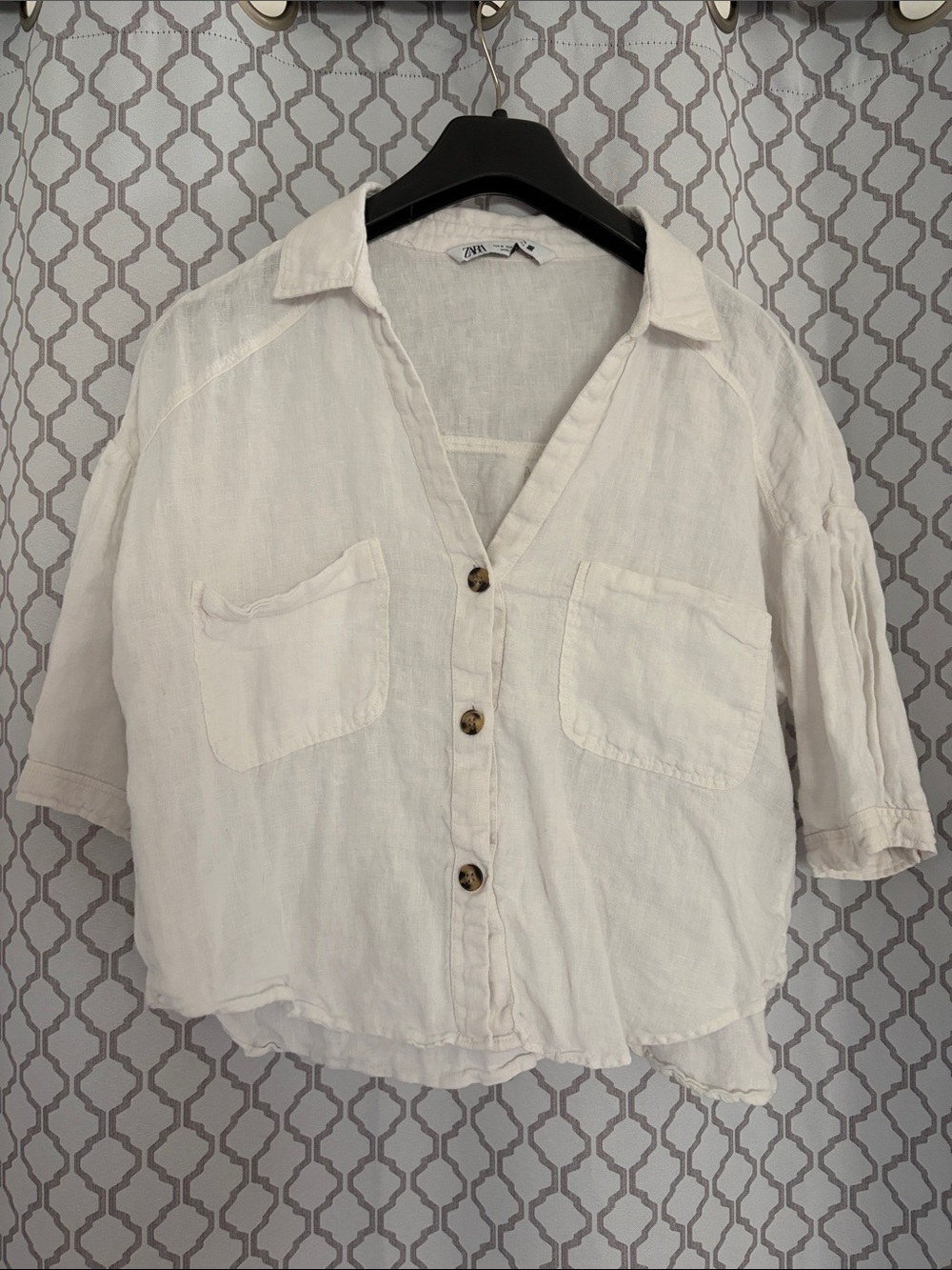 Zara white linen Short-Sleeve Button Front Pocket Shirt